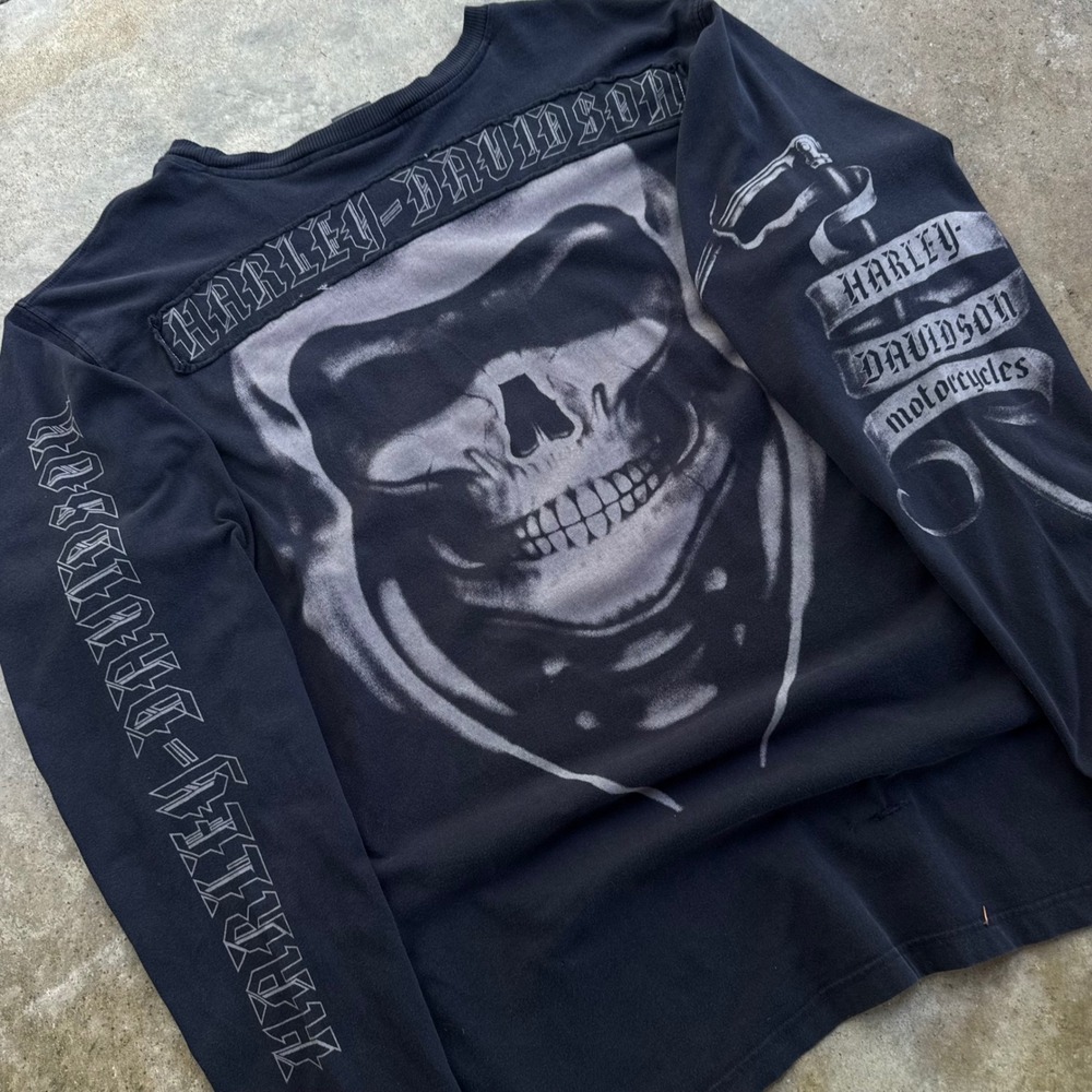 Vintage 2000s Harley Davidson Skull Skeleton Grunge Long Sleeve Black 2XL (f5)